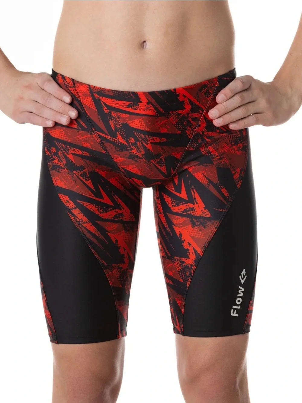 Boys Red and Black Competitive Jammer Swim Shorts with Tie Size: 8-10 (24”-25”)